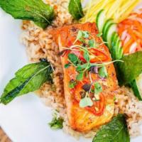 Salmon Bowl · Grilled Salmon - Brown Rice - Cucumber - Pickled - Carrots, Ginger & Daikon