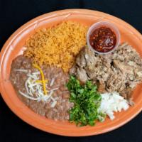 Carnitas · Served with rice and beans and warm corn or flour tortillas.