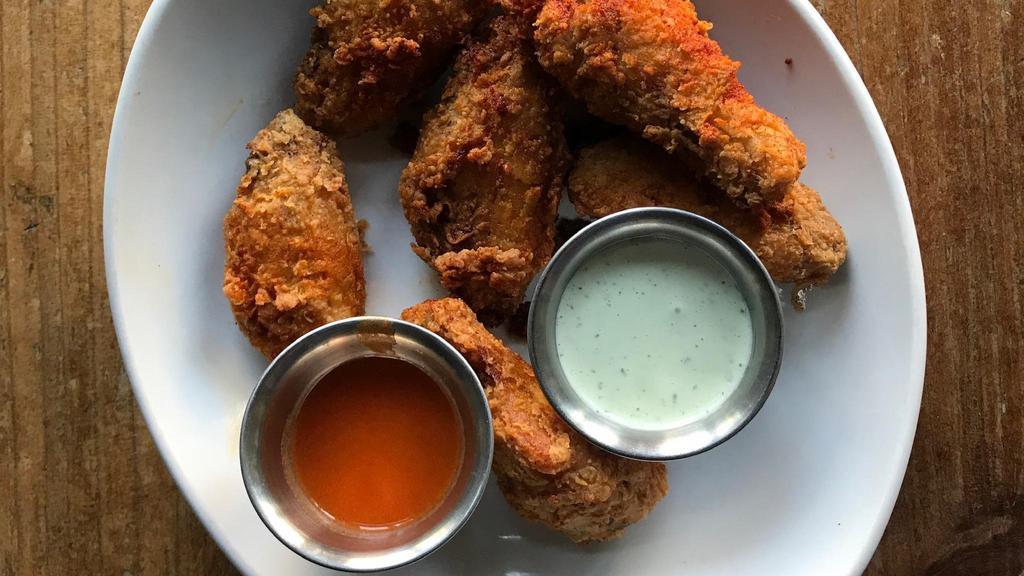 Crispy Wings x 8 · citrus brined and mission spiced, served with sweet & hot pepper sauce, basil ranch