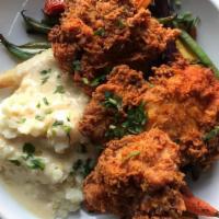 Mission Fried Chicken · mission spiced fried chicken thighs, mashed potatoes, gravy, braised greens, lemon, cippolin...