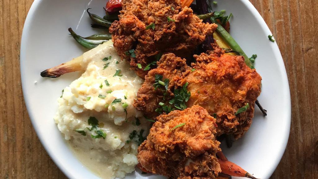 Mission Fried Chicken · mission spiced fried chicken thighs, mashed potatoes, gravy, braised greens, lemon, cippolini onion