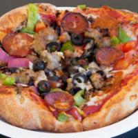 The Works Pizza · Pepperoni, salami, mushrooms, red onions, bell peppers, olives, tomatoes, sausage, beef and ...