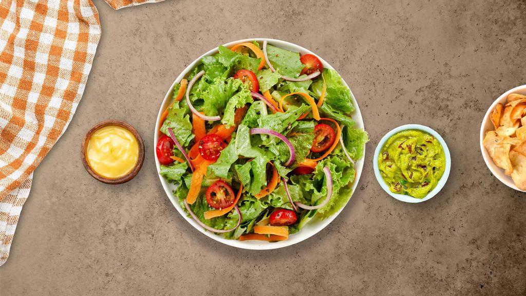 Fresh Greens Salad · Iceberg lettuce, bell peppers, red onions, black olives, fresh Roma tomatoes, mozzarella cheese, cheddar cheese, and seasoned croutons tossed with your choice of dressing.
