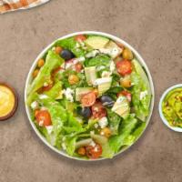 Make It Mediterranean Salad · Iceberg lettuce, bell peppers, red onions, fresh Roma tomatoes, green olives, green onions, ...