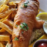 Fish 'n Chips · Beer battered and golden fried cod, tartar sauce, fresh slaw.