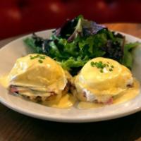The Grove Eggs Benedict · two poached eggs, toasted english muffin, lemon hollandaise, chives; with crispy golden rose...