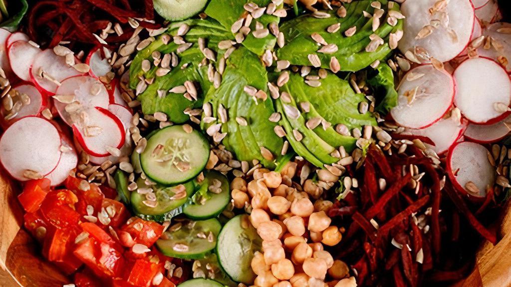 Berkeley Bowl · organic baby lettuces, avocado, tomatoes, sliced radishes, shredded beets, chickpeas, sunflower seeds, creamy green goddess dressing