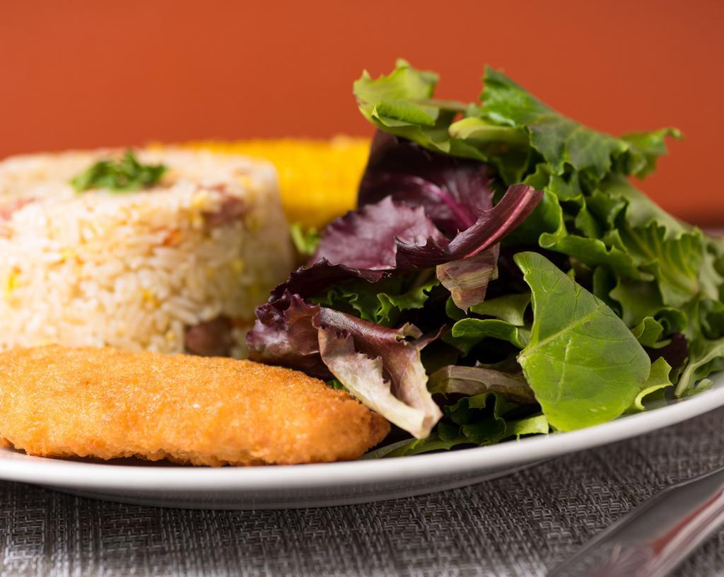 Codfish and Fried Rice Combo · Codfish fillet, fried rice, sausage, broccoli, corn.