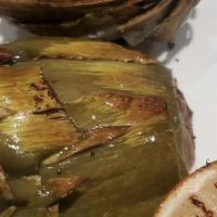 Roasted Artichoke · One whole artichoke trimmed and steamed until tender. Halved, the sautéed in EVOO served wit...