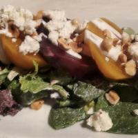 Beets Salad · organic baby mixed greens, roasted hazelnuts, sheep's feta, creamy citrus dressing