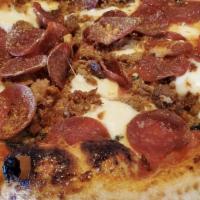 Fennel Sausage & Pepperoni Pizza · fresh mozzarella, San Marzano tomato sauce, basil