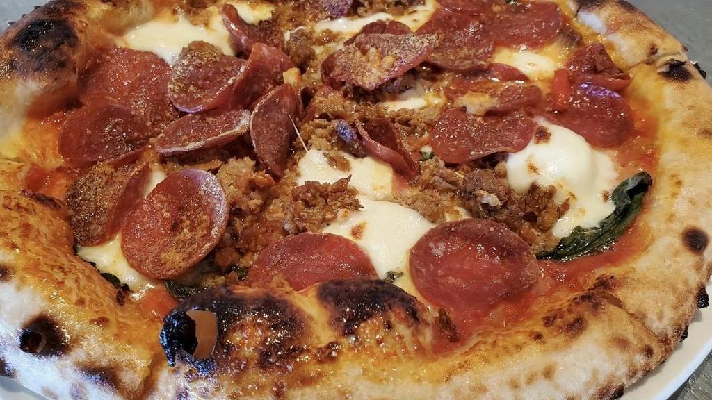 Fennel Sausage & Pepperoni Pizza · fresh mozzarella, San Marzano tomato sauce, basil