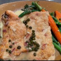 Chicken Piccata · chicken breast, lemon caper butter sauce, Yukon mashed potatoes, assorted vegetables
