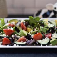Mediterranean Salad · Roma tomatoes, cucumbers, feta cheese, avocado and spring mix tossed with a balsamic vinaigr...