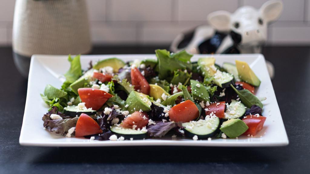 Mediterranean Salad · Roma tomatoes, cucumbers, feta cheese, avocado and spring mix tossed with a balsamic vinaigrette.