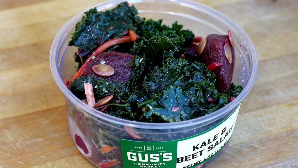 Kale & Beet Salad · Six ounces side. Beets, kale, carrots, pumpkin seeds, and balsamic vinaigrette.