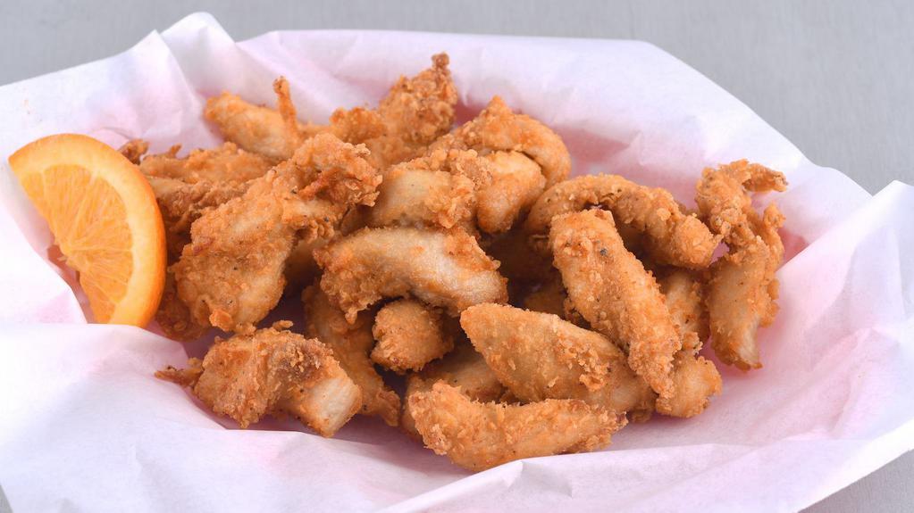 Conner's Buttermilk Chicken Strips · Battered and fried boneless, skinless chicken breast strips (6) with our house seasoning, choice of ranch or bbq.