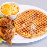 Keith's Tackle · 2 chicken wings, waffle & macaroni & cheese.