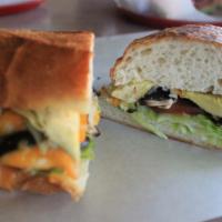 Veggie Sandwich · Mushrooms, black olives, green peppers, onion, artichoke hearts, tomatoes, mayonnaise, musta...
