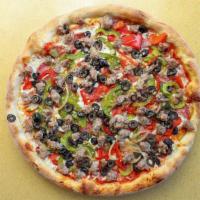 Pizza a la Toto's No. 5 Small/Medium · Salami, sausage, mixed (bell peppers and onions), and olives.