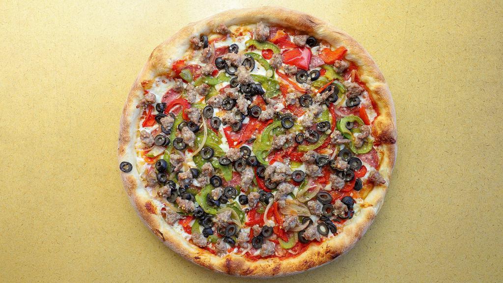 Pizza a la Toto's No. 5 Small/Medium · Salami, sausage, mixed (bell peppers and onions), and olives.