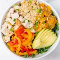 GB’s Chinese Chicken Salad · Chopped kale, antibiotic-free roasted chicken, mandarin oranges, avocado, sliced peppers, ro...