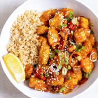 Orange Chicken 2.0 · Antibiotic-free, oven-fried chicken with peppers & onions, green onions, sesame seeds, and o...