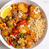 Hollywood Sweet and Sour Tofu · Sesame tofu with chili-dusted pineapple, peppers & onions, roasted salt-free peanuts, green ...