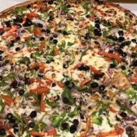 Afghan Style Pizza · Mushrooms, olives, bell peppers, fresh tomatoes, garlic, onions, jalapeño, beef, and fresh c...