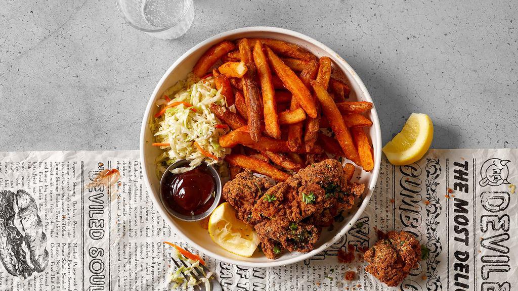Fried Oyster Basket · Fried oyster served with cajun fries, cole slaw and house bbq sauce.