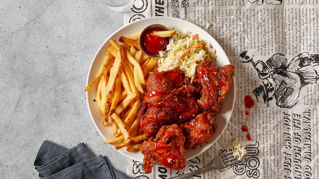 Chicken Wings Basket · Medium, Hot or BBQ Chicken wings served with cajun fries, cole slaw and house bbq sauce.