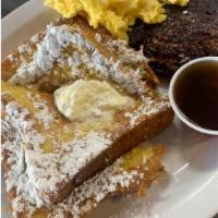 French Toast Breakfast · Two slices grilled texas french toast served with one *egg, and your choice of meat; bacon, ...