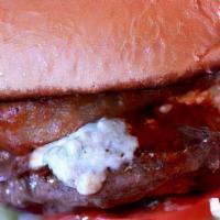 Buffalo Bleu Cheeseburger · wing sauce, bleu cheese crumbles, crispy onion ring