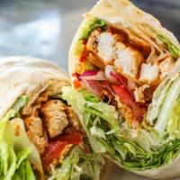 BBQ Chicken Wrap · Your choice of grilled or crispy chicken, bbq sauce, cheddar cheese, lettuce, tomato and tor...