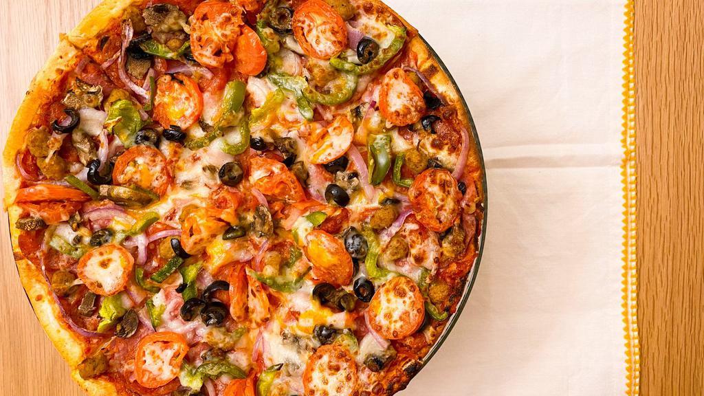 Yard Sale · 270-660 cal./serving. Italian sausage, pepperoni, salami, our savory tomato sauce, mozzarella, a sprinkle of cheddar, green peppers, fresh mushrooms, red onions, black olives and vine-ripened tomatoes.
