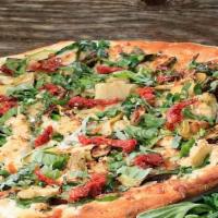 Pandora'S Box Pizza · Spinach, artichoke hearts, sun-dried tomatoes, feta, garlic, fresh basil, oregano and mozzar...