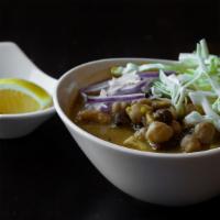 Samosa Soup · Samosa and falafel with potatoes, chick peas, mint, cabbage, jalapeños, red onions, bay leav...