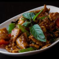 Lemongrass Chicken · Sambal chili, dried chilies, garlic, soy sauce, fish sauce, snap peas, red bell peppers, lem...