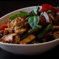 Chicken Tofu · Wok fried chicken with tofu, string beans, bell peppers, garlic, ginger, basil in a hoisin a...