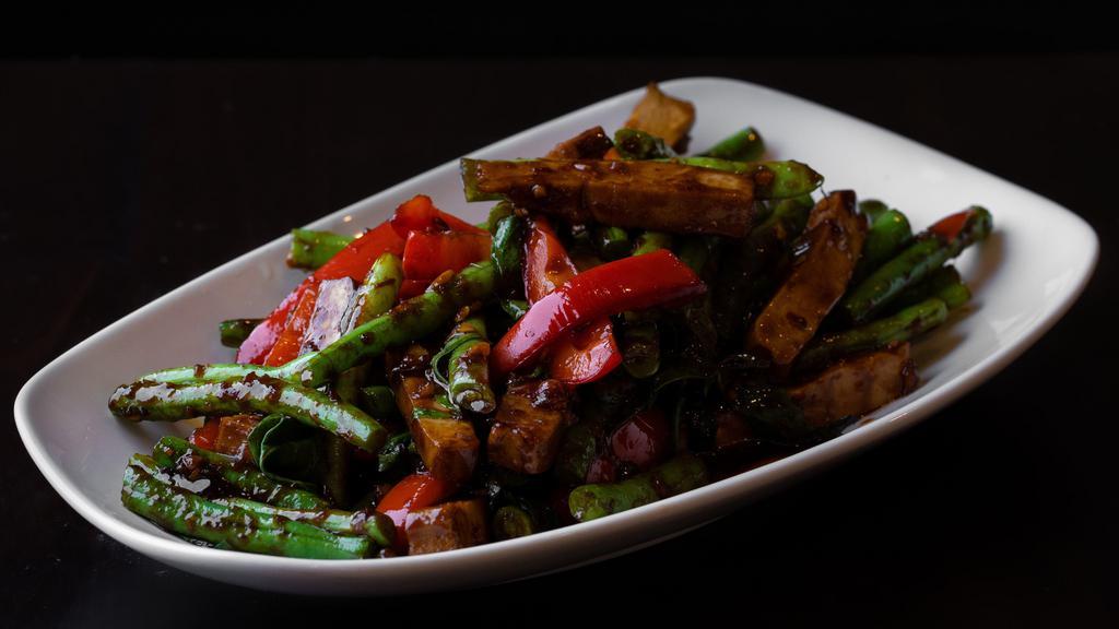 Tofu and Vegetables · Stir fried tofu, with string beans, bell peppers, garlic, ginger, basil, soy sauce and vegetarian hoisin sauce.