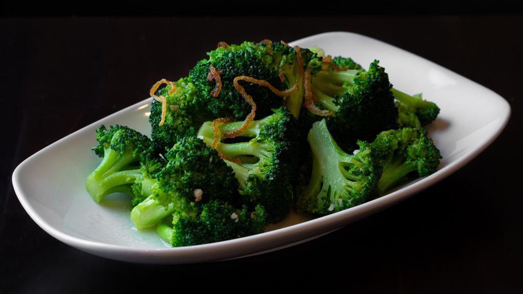 Broccoli and Garlic · Gluten-free. Broccoli tossed in a wok with white wine, garlic, a little salt and garnished with fried onions.