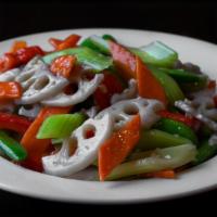 Mix Vegetable and Garlic · Gluten-free. Lotus root, celery, snap peas, red bell peppers, carrots, white wine and chicke...