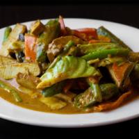 Dry Curry Vegetable · Gluten-free. Tofu, tomatoes, carrots, opo, coconut milk, evaporated milk, string bean, okra,...