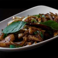 Basil and Dried Chili Swai · Marinated white fish tossed with dried red chili flakes Thai chilies, jalapeños, onions, tam...