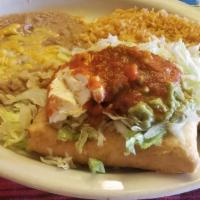Chimichanga · Chimichanga with lettuce, guacamole, and sour cream served with rice or beans, or rice and b...