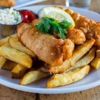Alaskan Cod Fish and Chips · Liberties slaw, tartar sauce, and lemon.