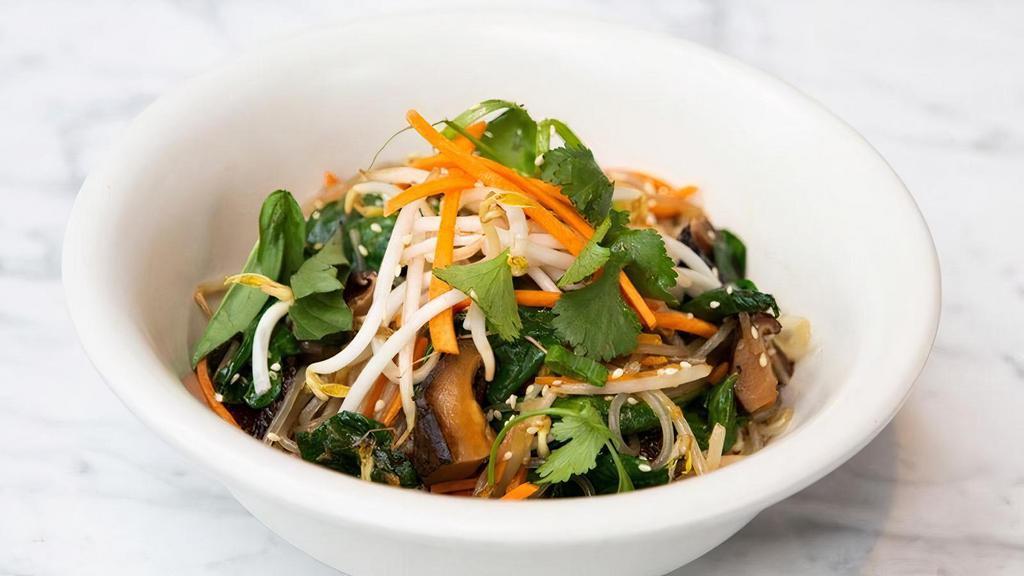 Korean Noodle Bowl, V GF · sweet potato glass noodle, pickled shiitake, organic spinach, carrot, bean sprout, toasted sesame V GF.