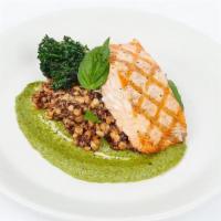 Grilled Sustainable Salmon* · farro, quinoa, grilled broccolini, charred onion, cilantro pumpkin seed pesto.
