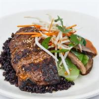 Grilled Korean Steak*, Gf · sliced 100% grass-fed sirloin, forbidden rice, mushroom, bok choy, gochujang glaze, miso ses...