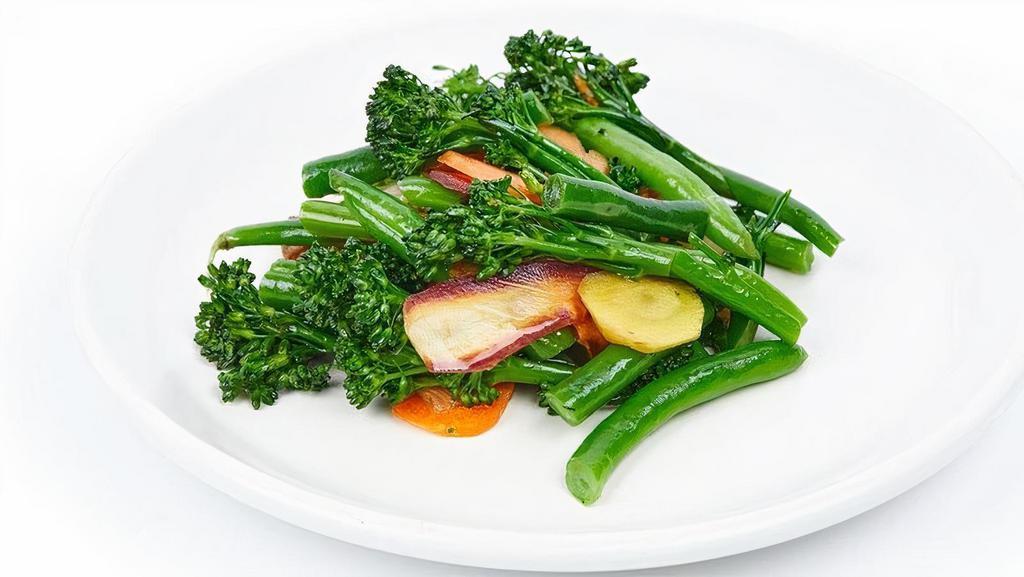 Side Seasonal Vegetables, V · green bean, carrot, broccoli, sweet potato, snap pea V.